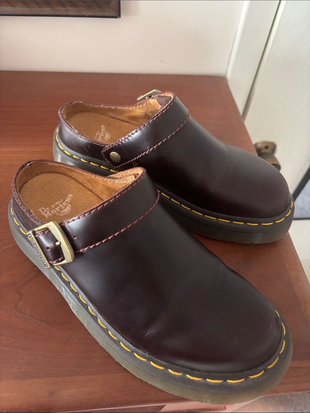 Dr. Martens Burgundy Leather Slip-On Clogs with Yellow Stitching